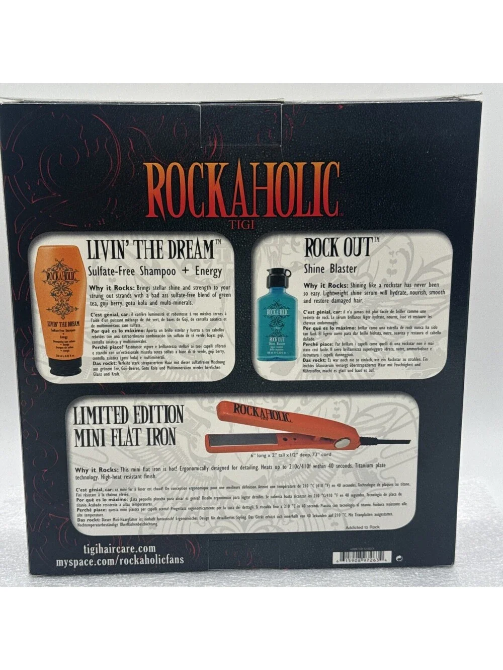 Rockaholic Tigi 3pc Set: Shine Blaster, Shampoo,  Limited Ed Mini Straightener